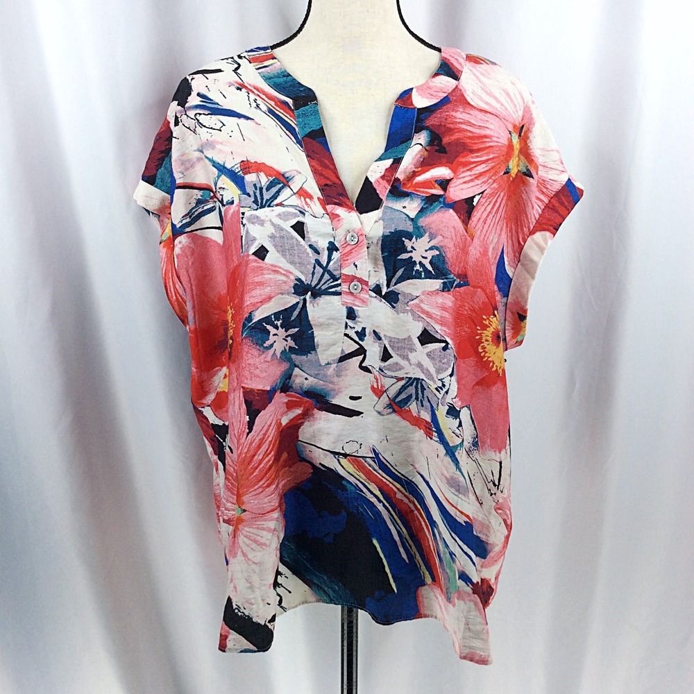 NWT Rachel Roy Floral Henley Top Women's Plus Size 2X Dolman Short Sleeve Red